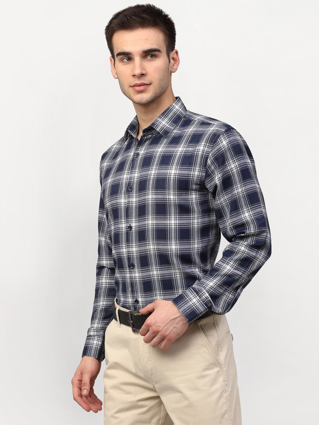 Jainish Navy Blue Men's Checked Formal Shirts ( SF 779Navy ) | Swadesiicart