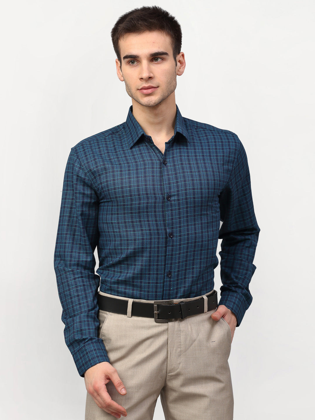 Jainish Blue Men's Checked Formal Shirts ( SF 780Blue ) | Swadesiicart