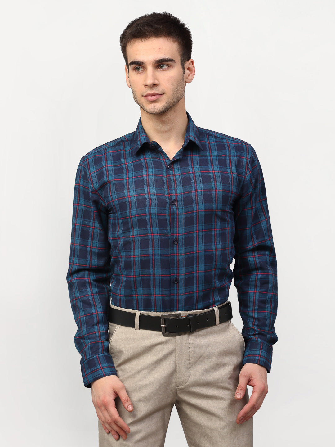 Jainish Blue Men's Checked Formal Shirts ( SF 781Sky-Blue ) | Swadesiicart