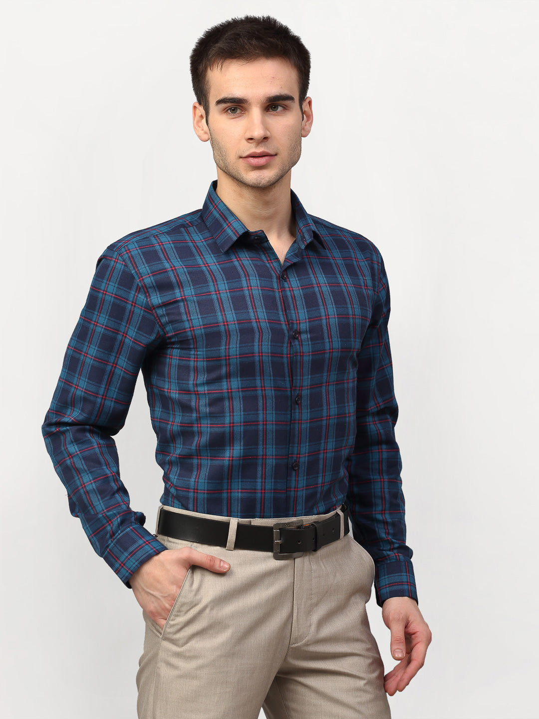 Jainish Blue Men's Checked Formal Shirts ( SF 781Sky-Blue ) | Swadesiicart