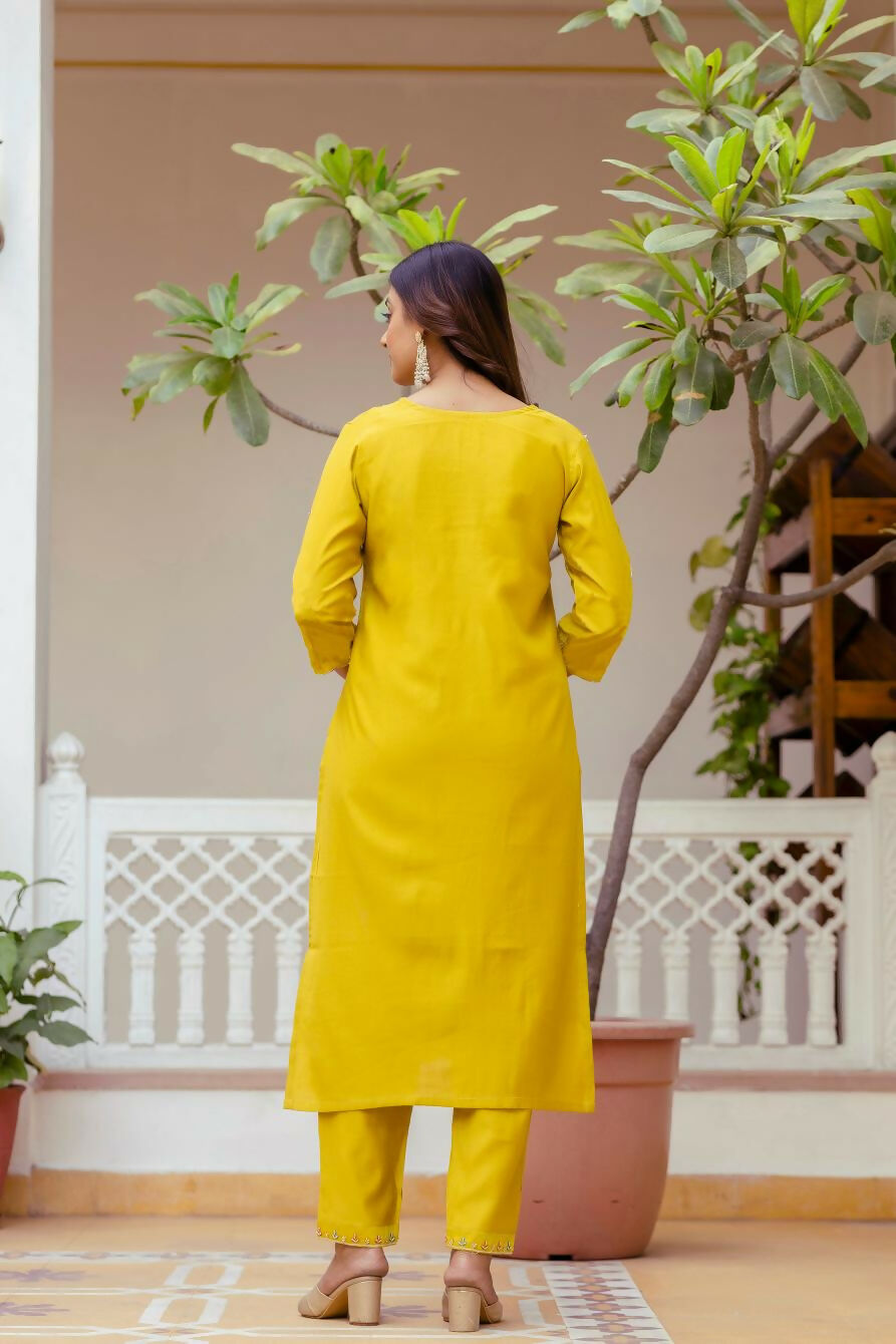 The52 Yellow Women's Gorgeous Embroidered work Viscose Gadhwal Fabric Straight Kurta, Pant and Dupatta Set - Swadesiicart