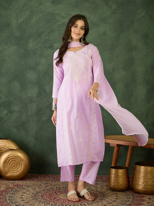 The52 Purple Women's Gorgeous Cotton Blend Fabric Thread Work Straight Kurta, Pant and Dupatta Set - Swadesiicart
