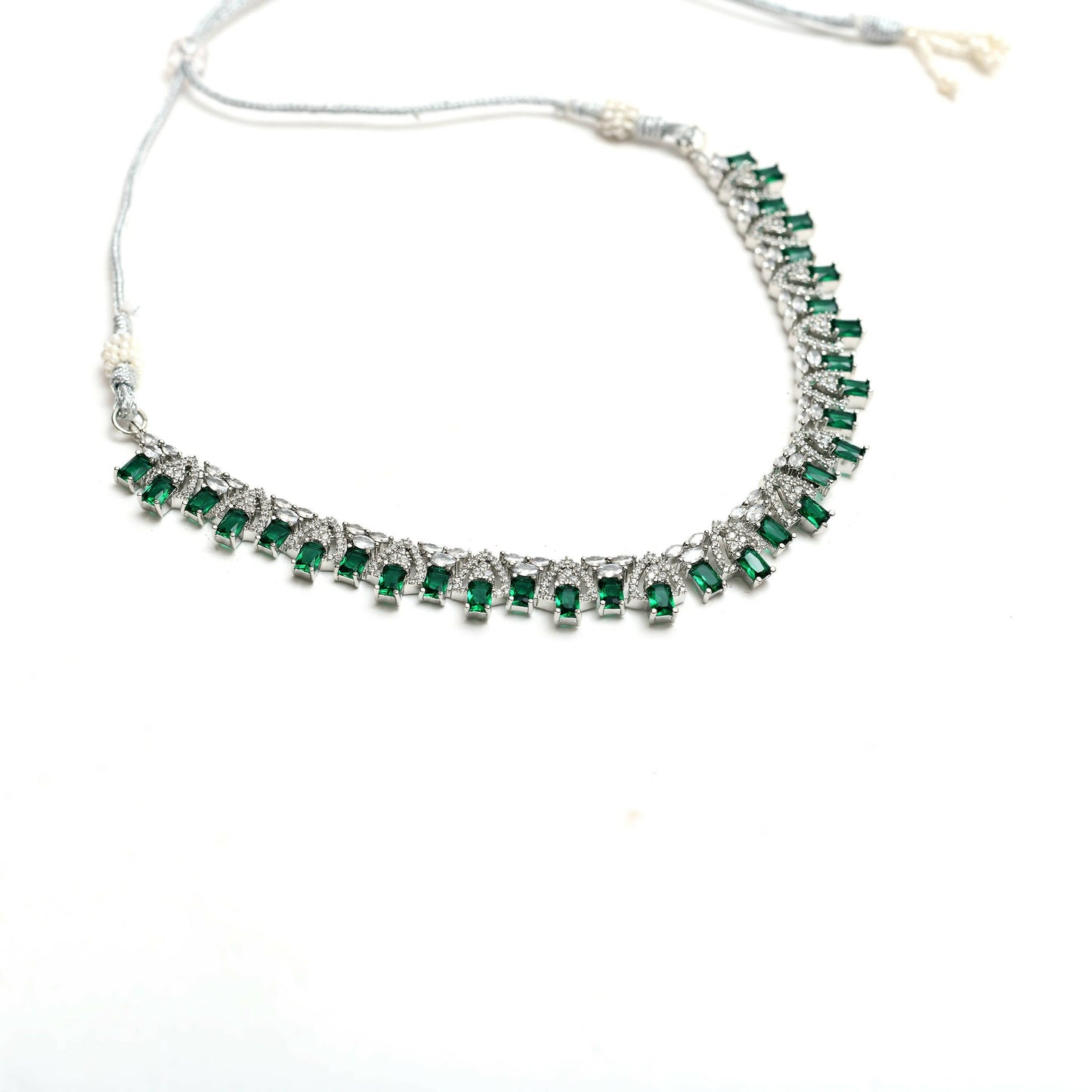 Mominos Fashion Johar Kamal Silver-Plated American Diamond Green Choker Set | Swadesiicart