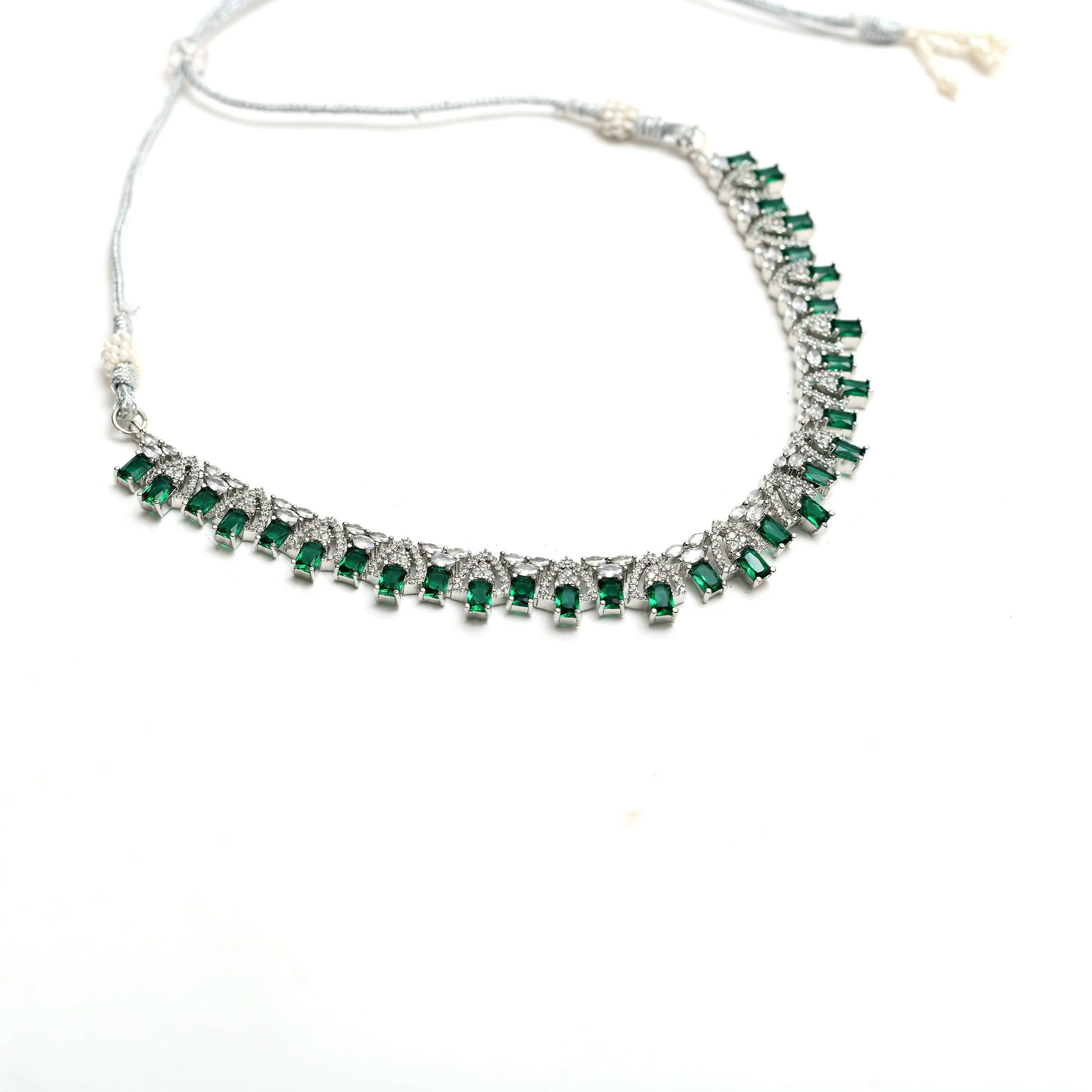 Mominos Fashion Johar Kamal Silver-Plated American Diamond Green Choker Set | Swadesiicart