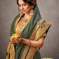 Moss Green Tusser Silk Resham, Cord And Sequins Embroidery, Handwork Butta Saree - Norita Arinya | Swadesiicart
