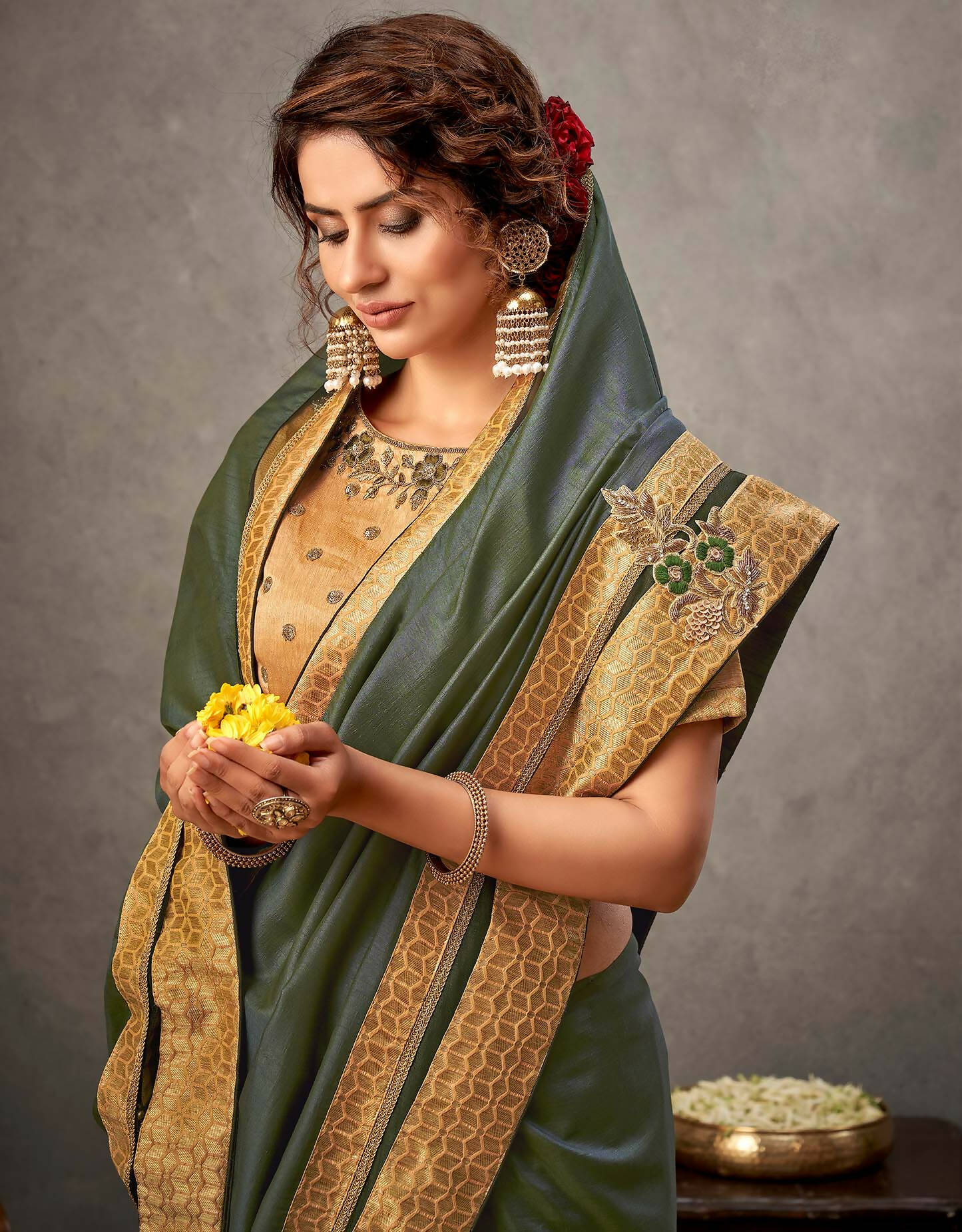 Moss Green Tusser Silk Resham, Cord And Sequins Embroidery, Handwork Butta Saree - Norita Arinya | Swadesiicart
