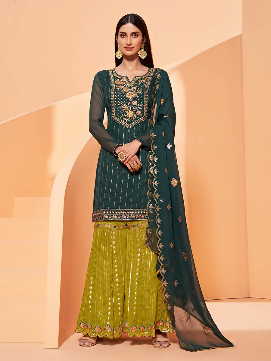 Myra Dark Green Heavy Embroidered Sharara Suit | Swadesiicart