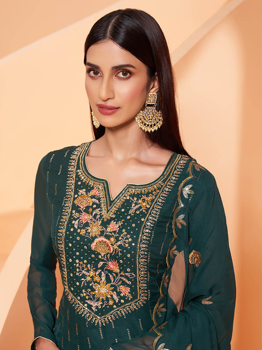Myra Dark Green Heavy Embroidered Sharara Suit | Swadesiicart