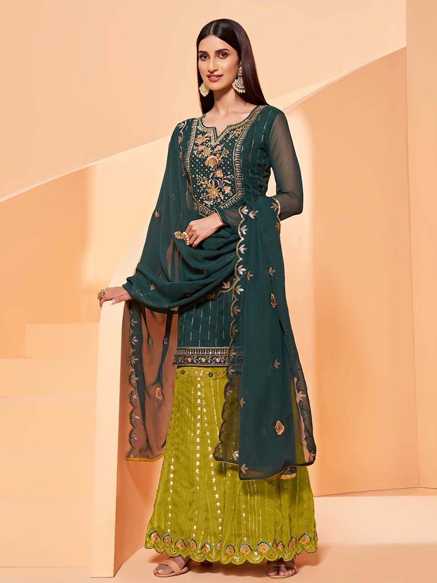 Myra Dark Green Heavy Embroidered Sharara Suit | Swadesiicart