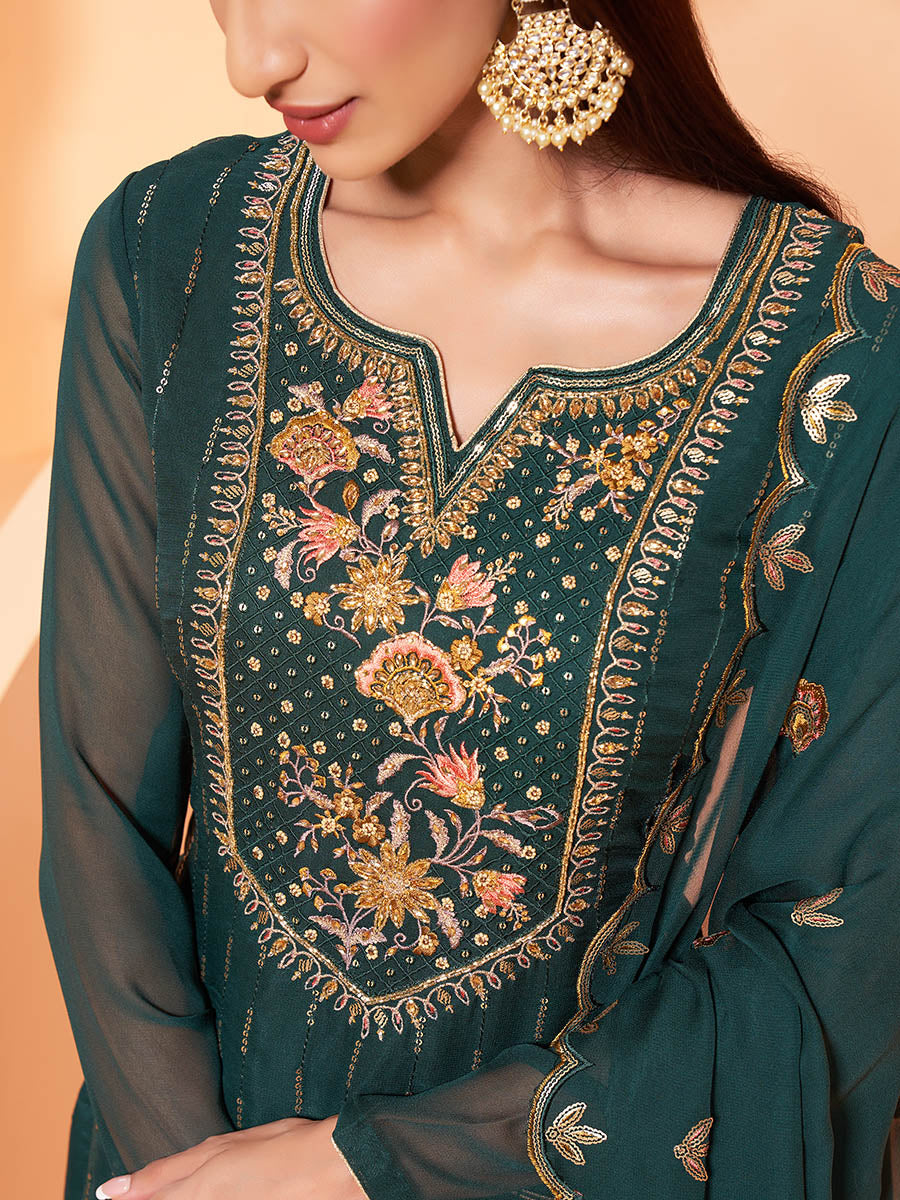 Myra Dark Green Heavy Embroidered Sharara Suit | Swadesiicart