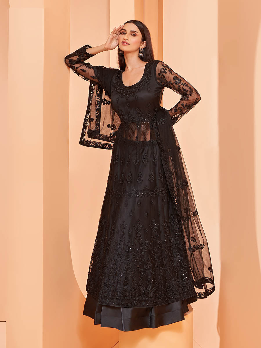 Myra Black Butterfly Net Embroidery Anarkali | Swadesiicart
