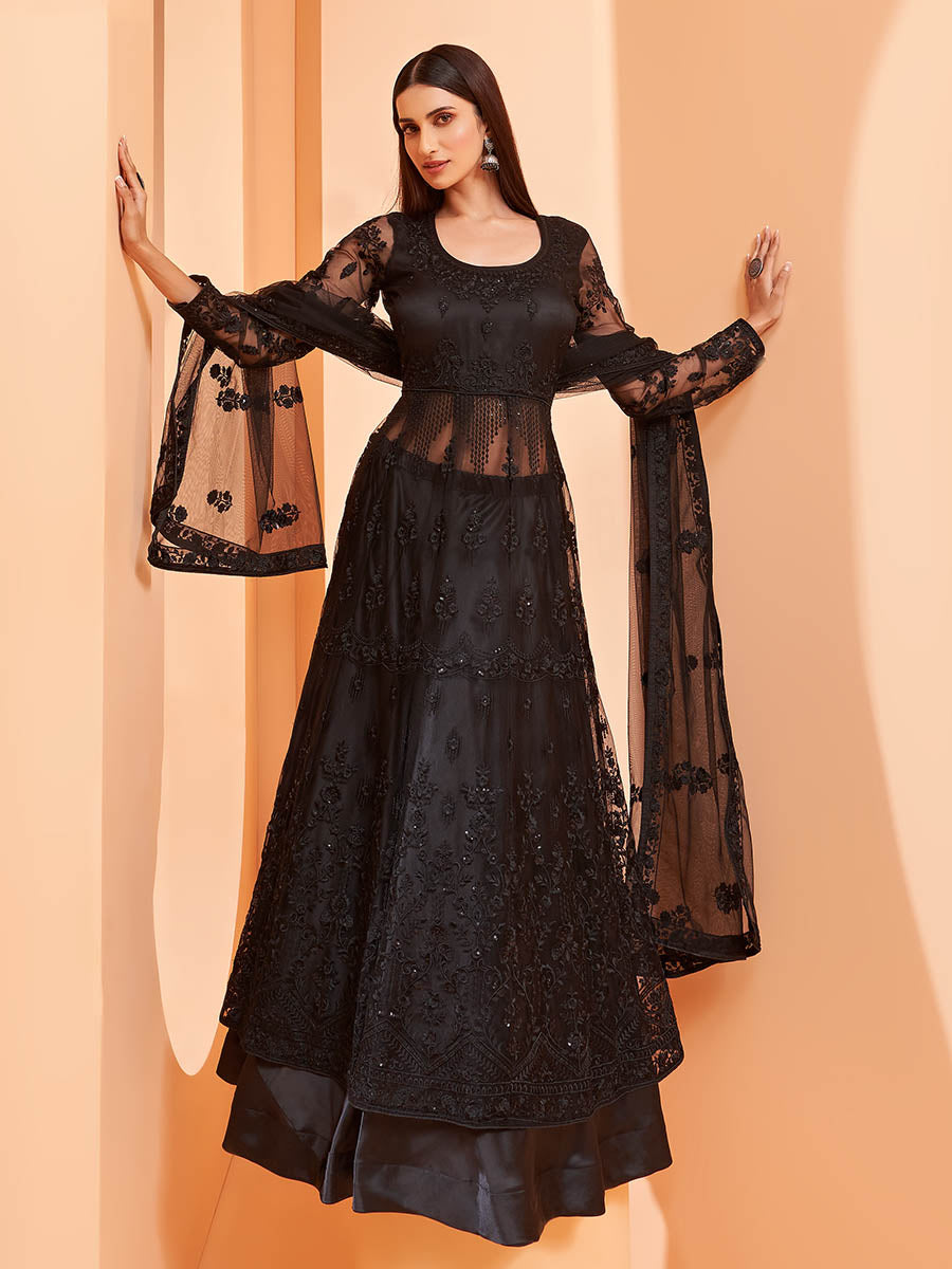 Myra Black Butterfly Net Embroidery Anarkali | Swadesiicart