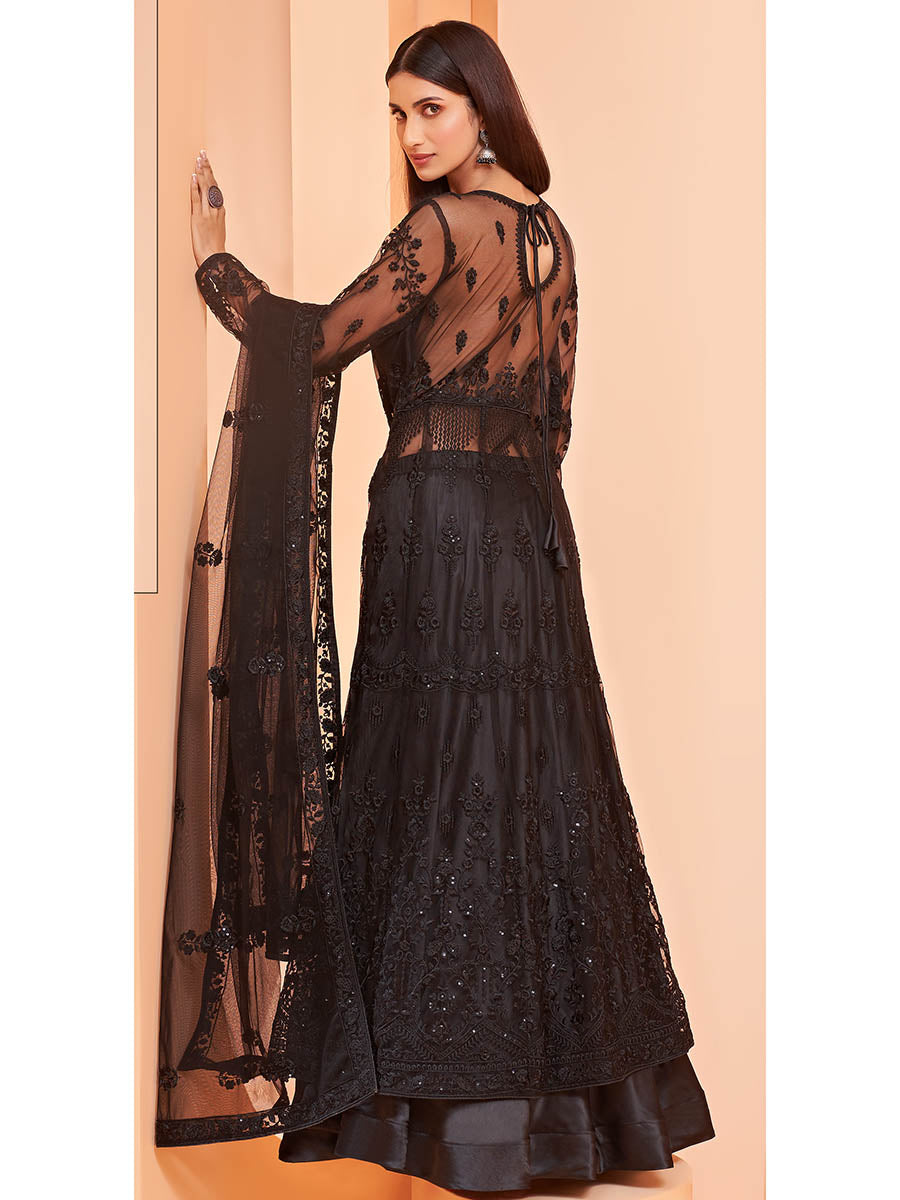 Myra Black Butterfly Net Embroidery Anarkali | Swadesiicart