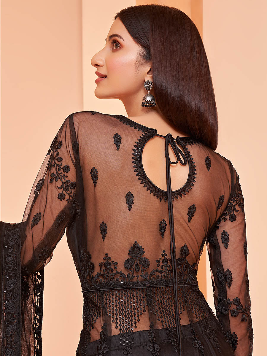 Myra Black Butterfly Net Embroidery Anarkali | Swadesiicart
