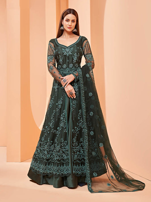 Myra Dark Green Butterfly Net Embroidery Anarkali | Swadesiicart