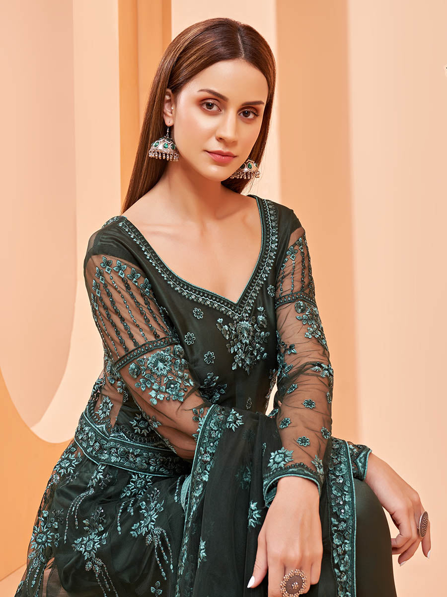Myra Dark Green Butterfly Net Embroidery Anarkali | Swadesiicart