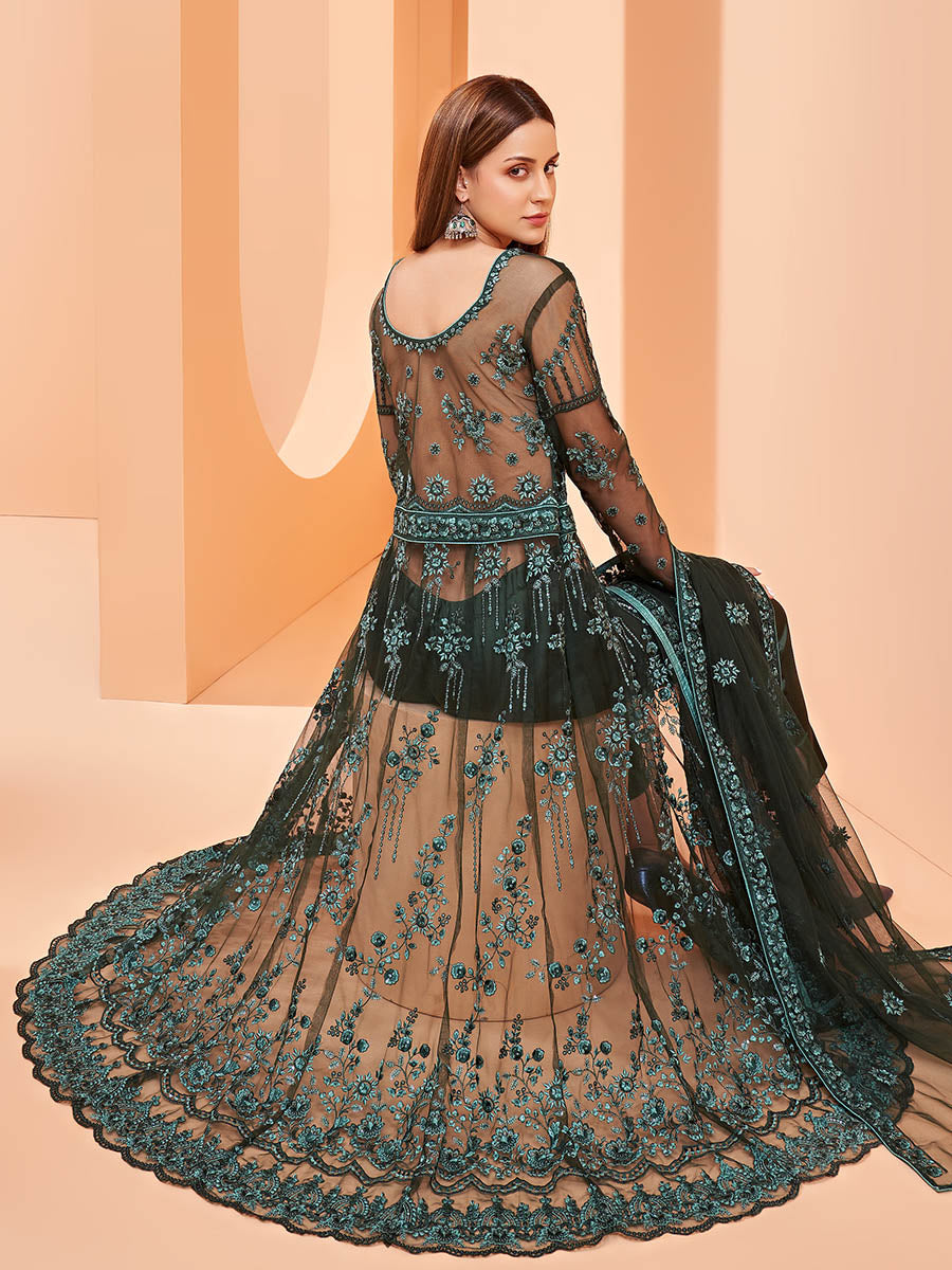 Myra Dark Green Butterfly Net Embroidery Anarkali | Swadesiicart