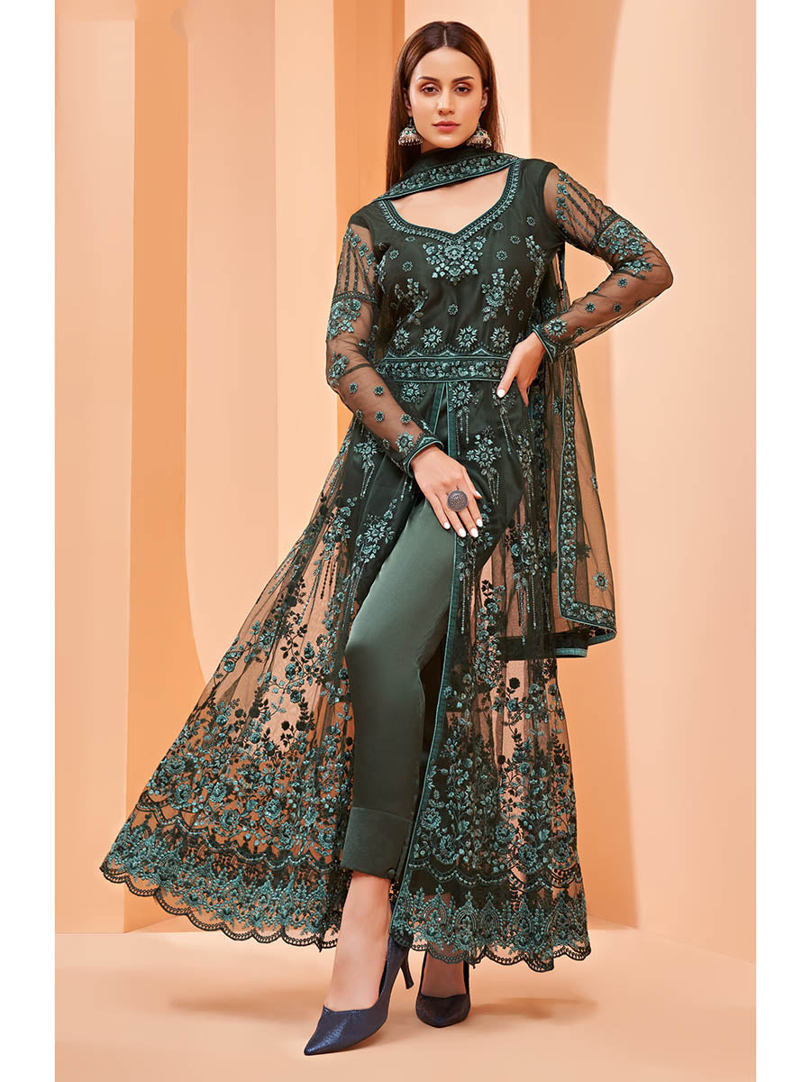 Myra Dark Green Butterfly Net Embroidery Anarkali | Swadesiicart
