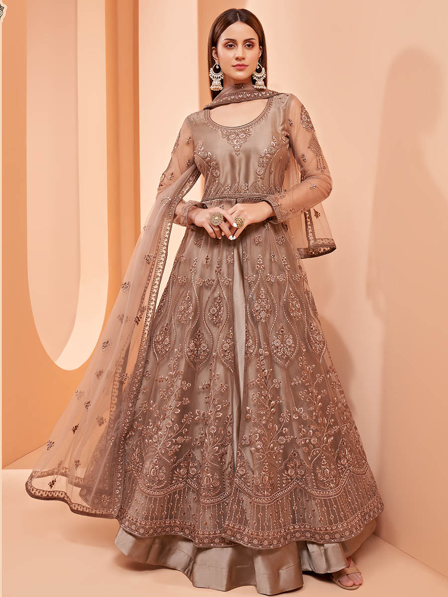 Myra Brown Butterfly Net Embroidery Anarkali | Swadesiicart