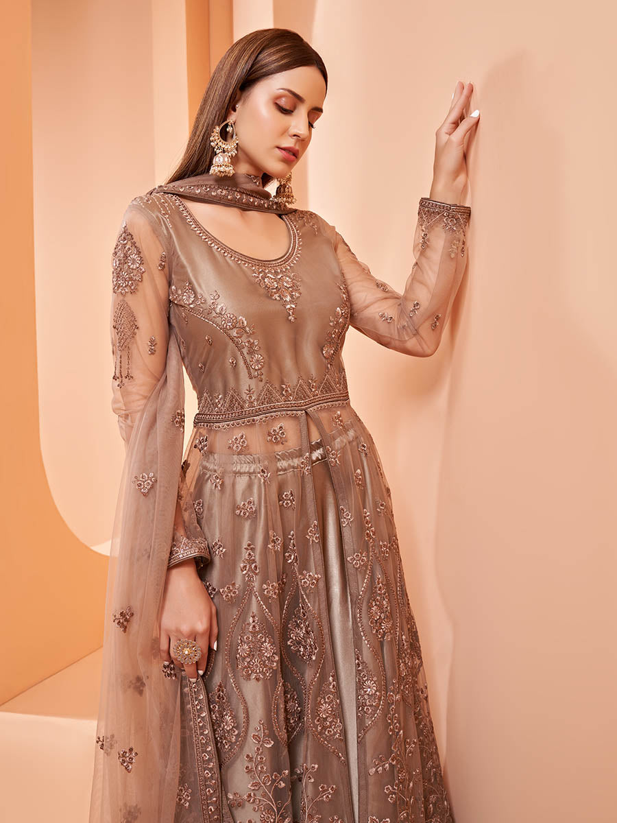 Myra Brown Butterfly Net Embroidery Anarkali | Swadesiicart
