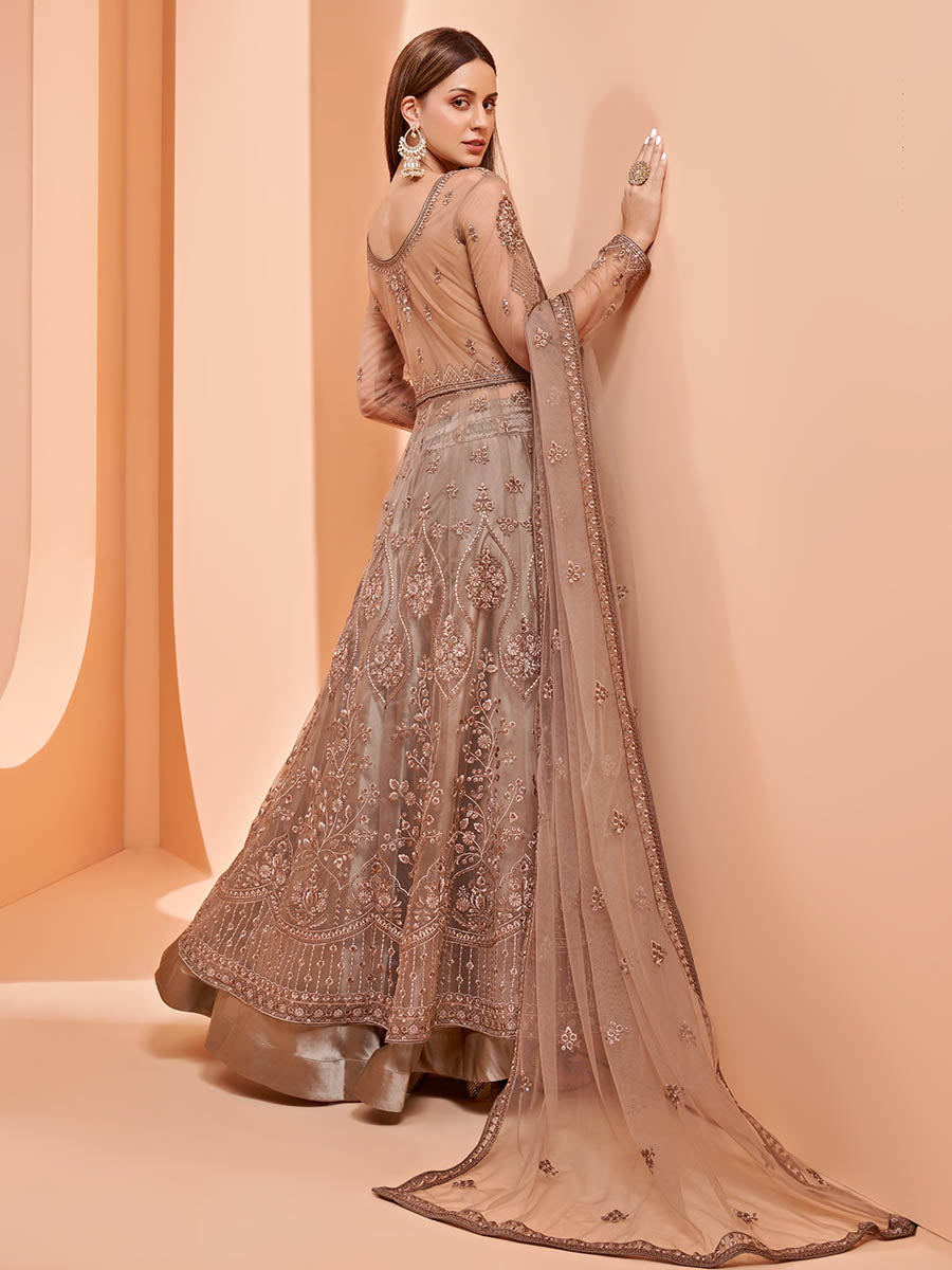 Myra Brown Butterfly Net Embroidery Anarkali | Swadesiicart