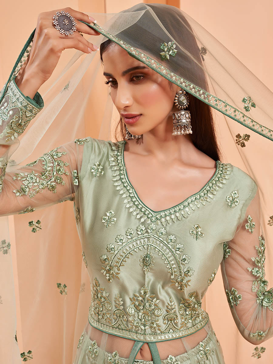 Myra Pista Green Butterfly Net Embroidery Anarkali | Swadesiicart