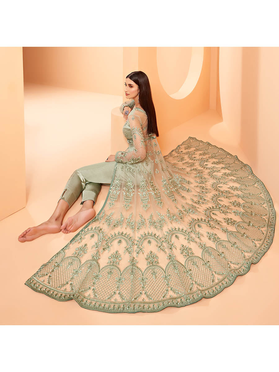 Myra Pista Green Butterfly Net Embroidery Anarkali | Swadesiicart