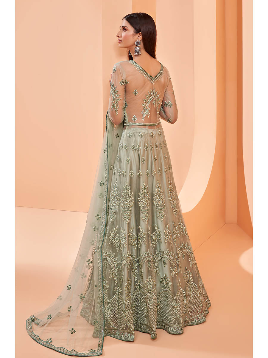 Myra Pista Green Butterfly Net Embroidery Anarkali | Swadesiicart