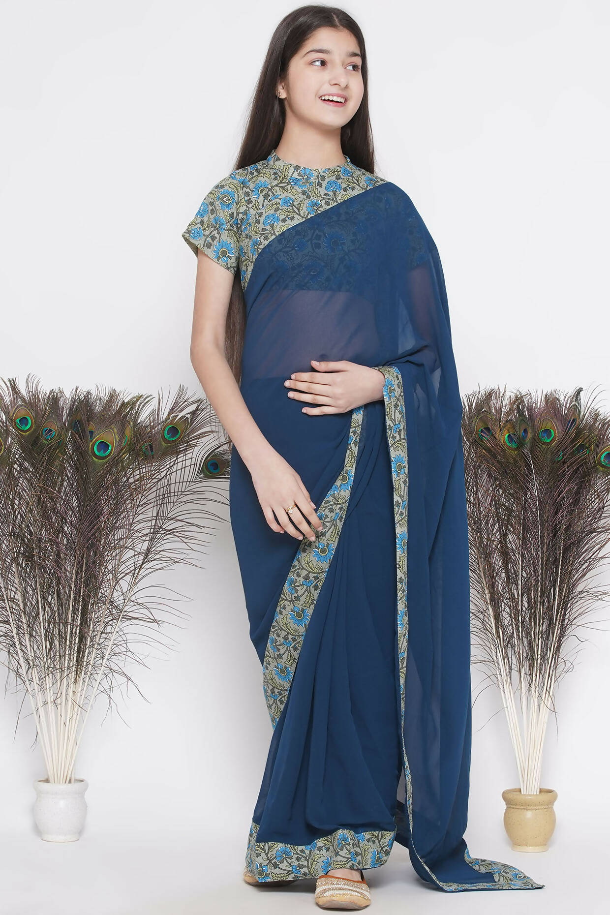 Little Bansi Floral Print Ready To Wear Saree And Floral Blouse - Blue | Swadesiicart