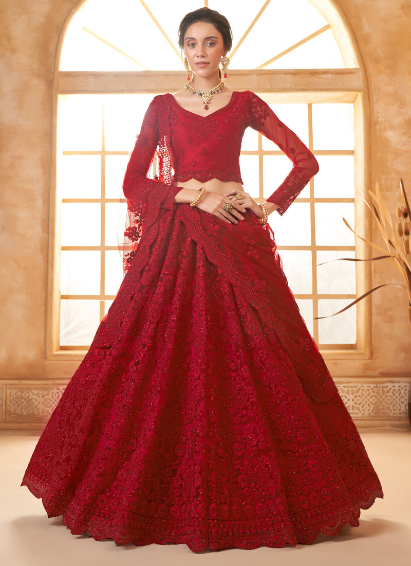 Vegaa Fashion Red Net Thread Work Wedding Lehenga - Swadesiicart