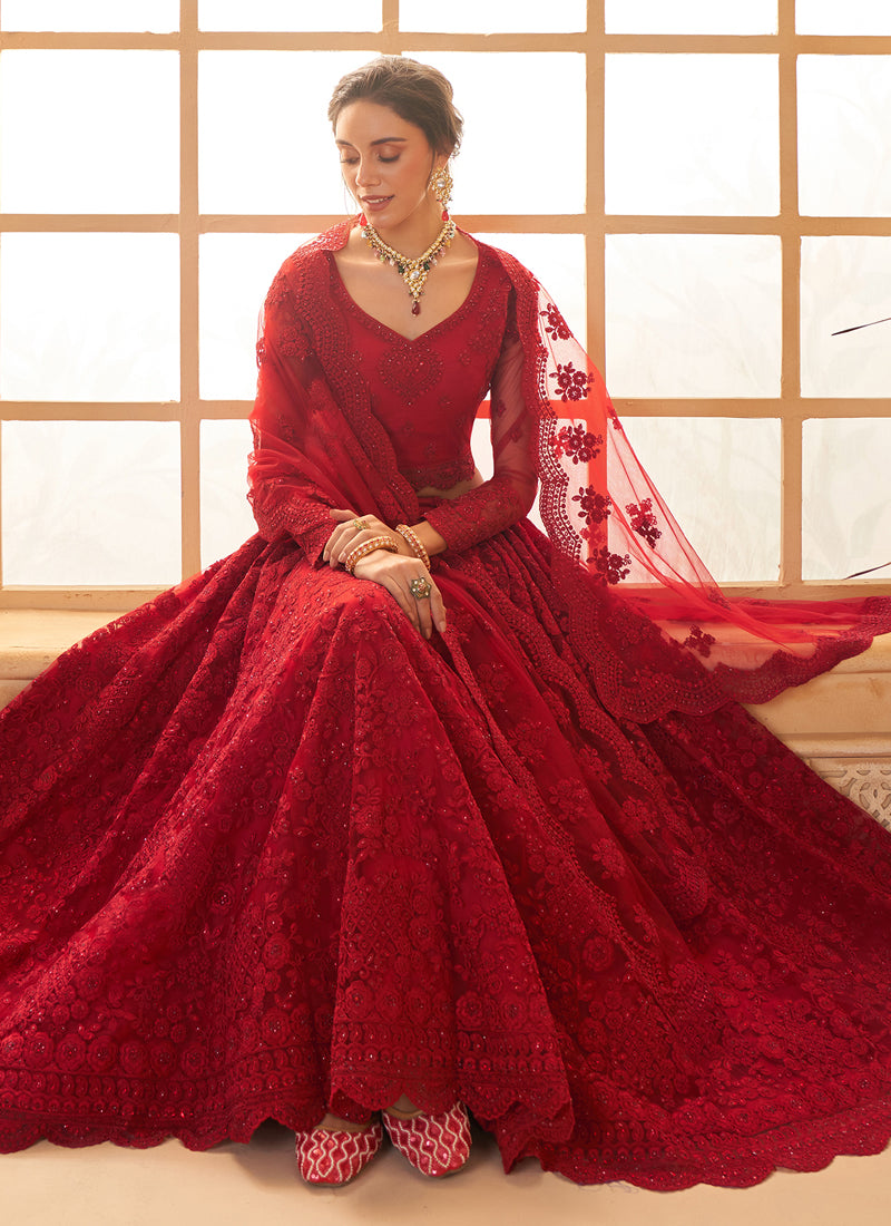 Vegaa Fashion Red Net Thread Work Wedding Lehenga - Swadesiicart