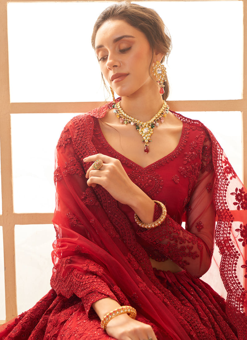 Vegaa Fashion Red Net Thread Work Wedding Lehenga - Swadesiicart