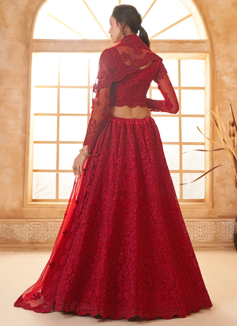 Vegaa Fashion Red Net Thread Work Wedding Lehenga - Swadesiicart