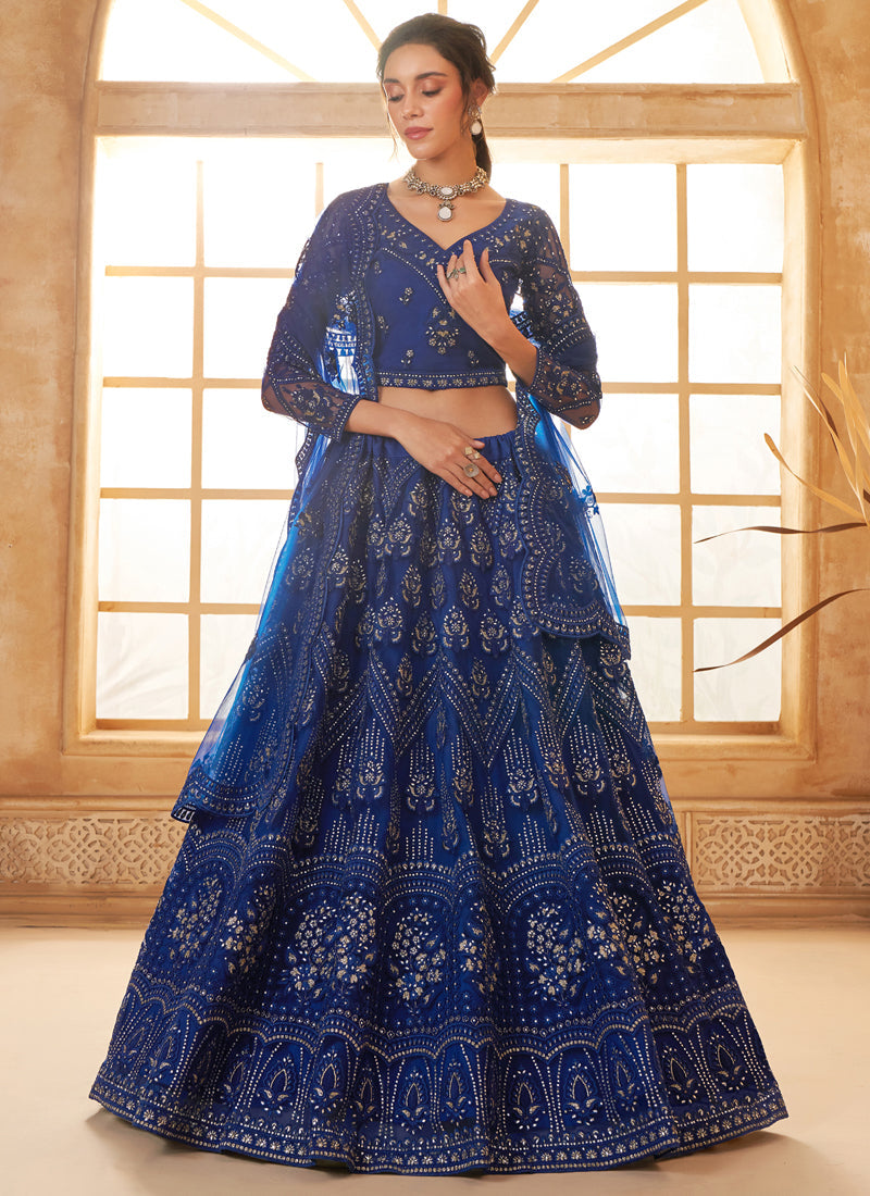 Vegaa Fashion Blue Net Thread Work Wedding Lehenga - Swadesiicart