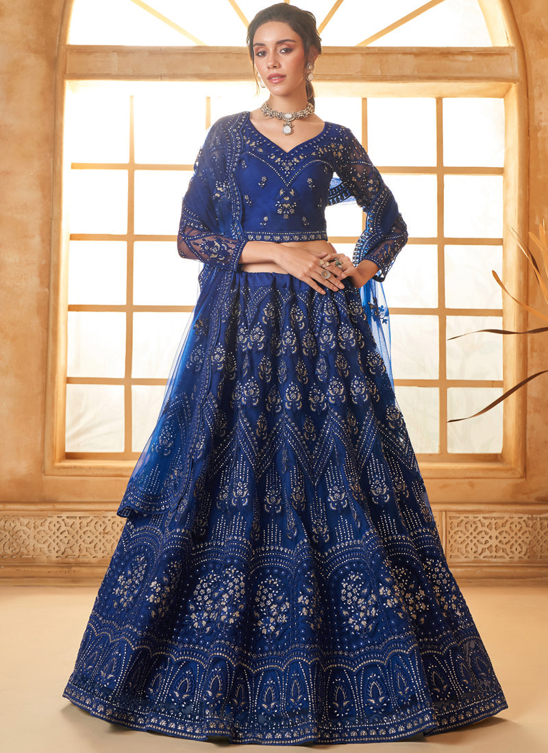 Vegaa Fashion Blue Net Thread Work Wedding Lehenga - Swadesiicart