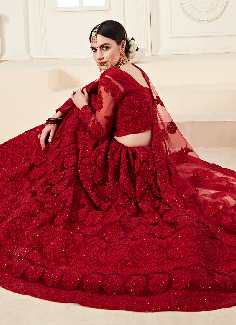 Vegaa Fashion Red Net Embroidered Stonework Wedding Lehenga - Swadesiicart