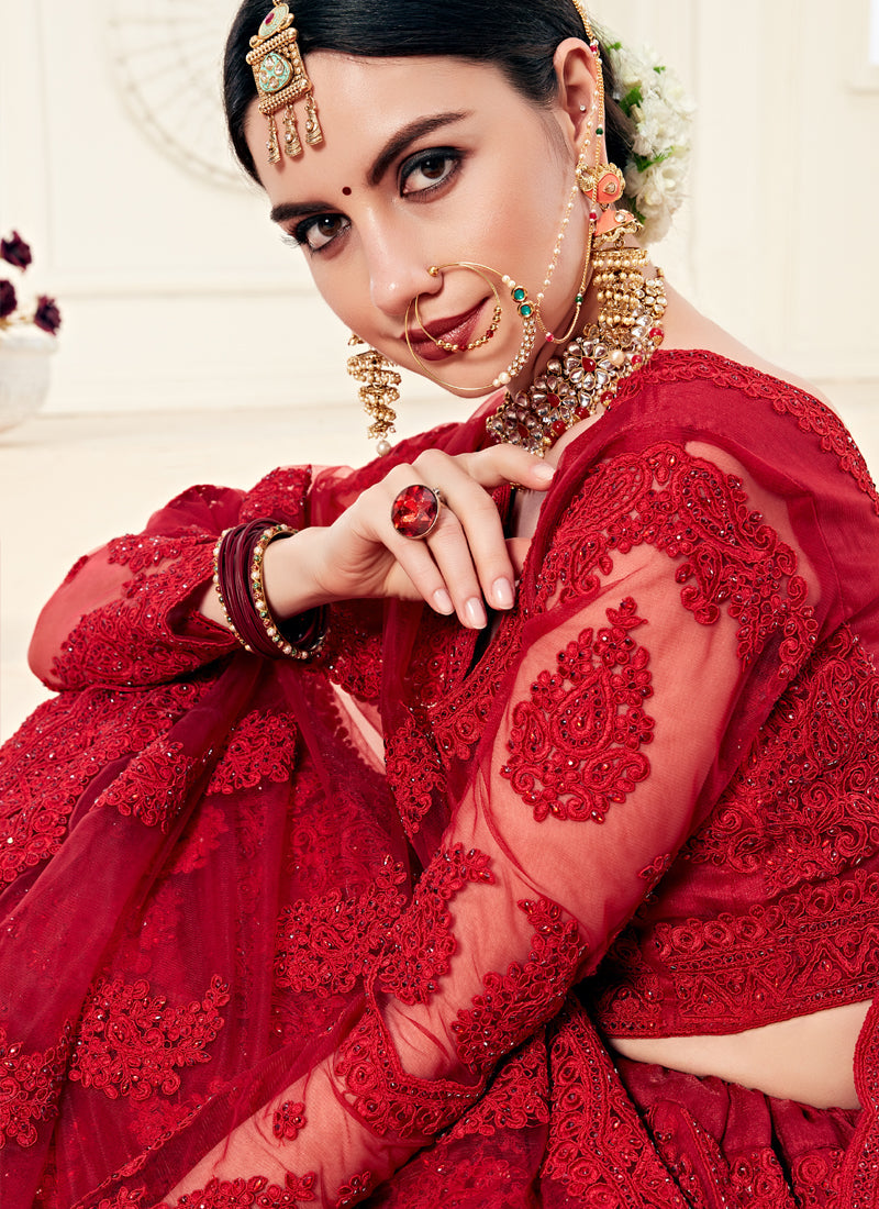 Vegaa Fashion Red Net Embroidered Stonework Wedding Lehenga - Swadesiicart
