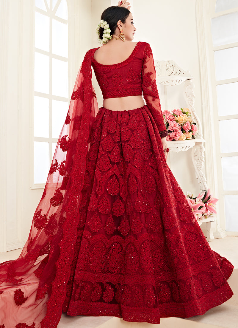 Vegaa Fashion Red Net Embroidered Stonework Wedding Lehenga - Swadesiicart