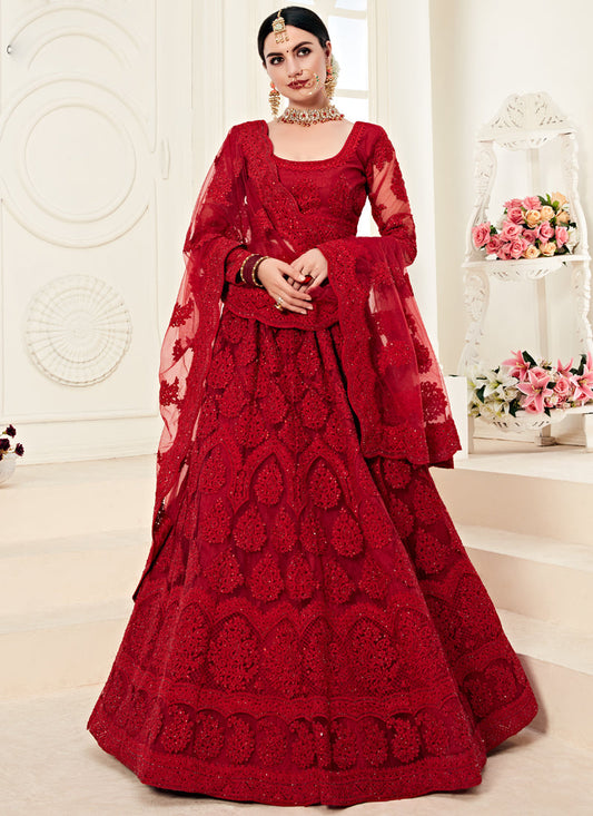 Vegaa Fashion Red Net Embroidered Stonework Wedding Lehenga - Swadesiicart