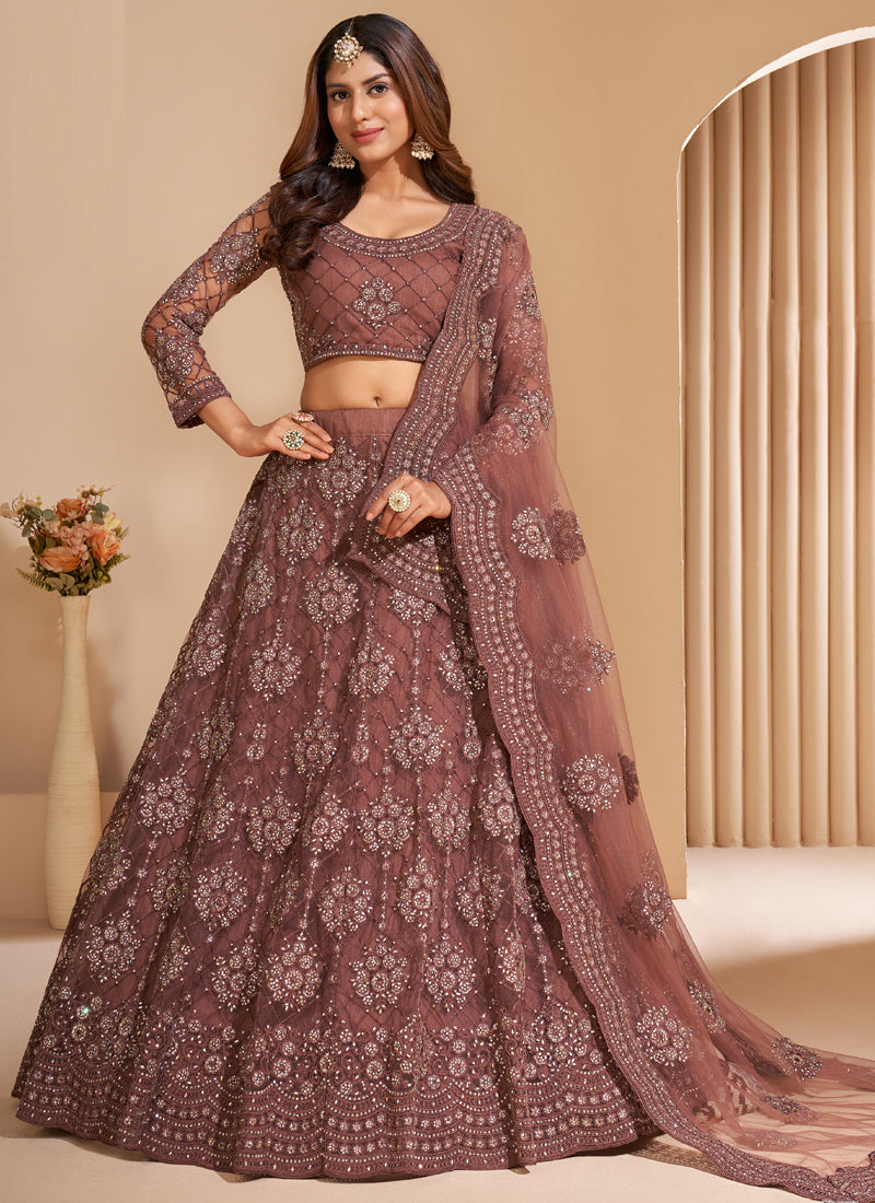 Vegaa Fashion Brown Net Embroidery Designer Lehenga Choli - Swadesiicart