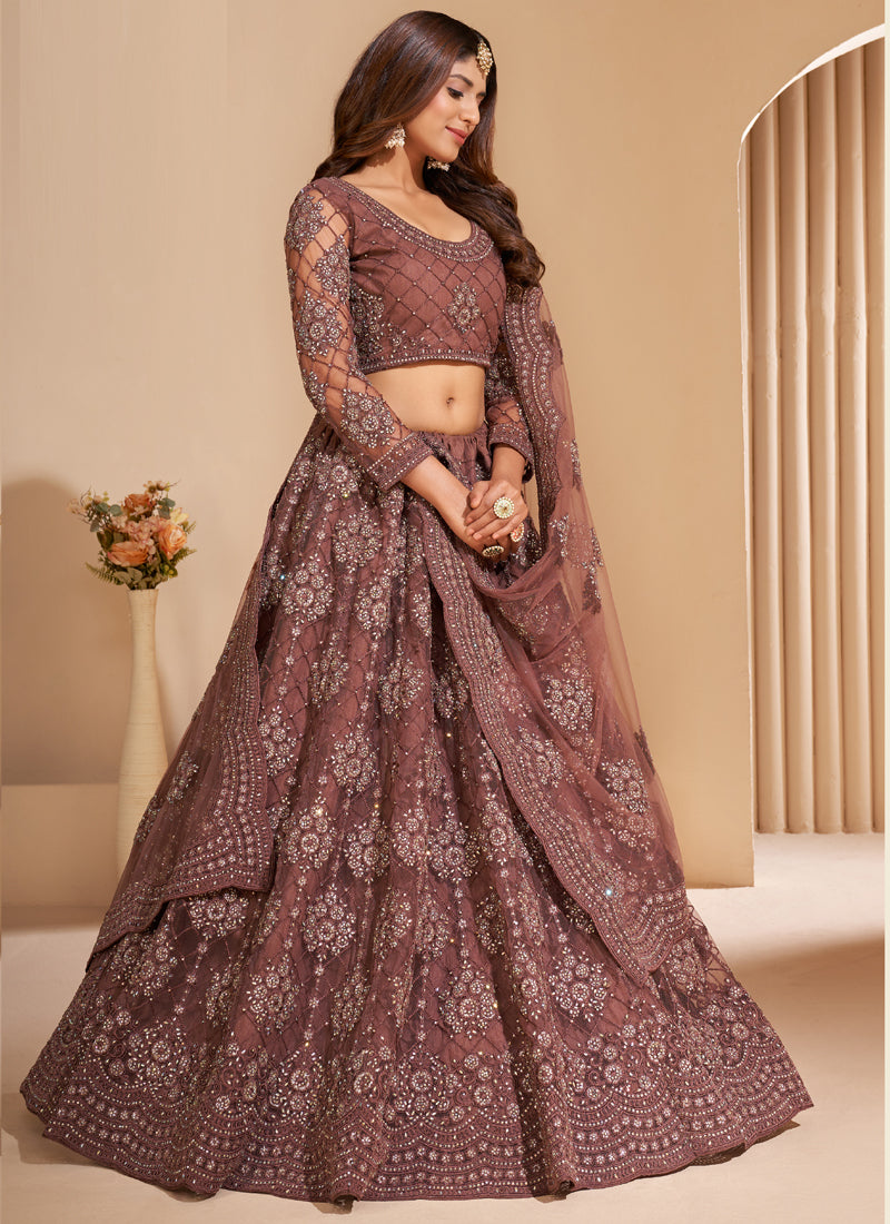 Vegaa Fashion Brown Net Embroidery Designer Lehenga Choli - Swadesiicart