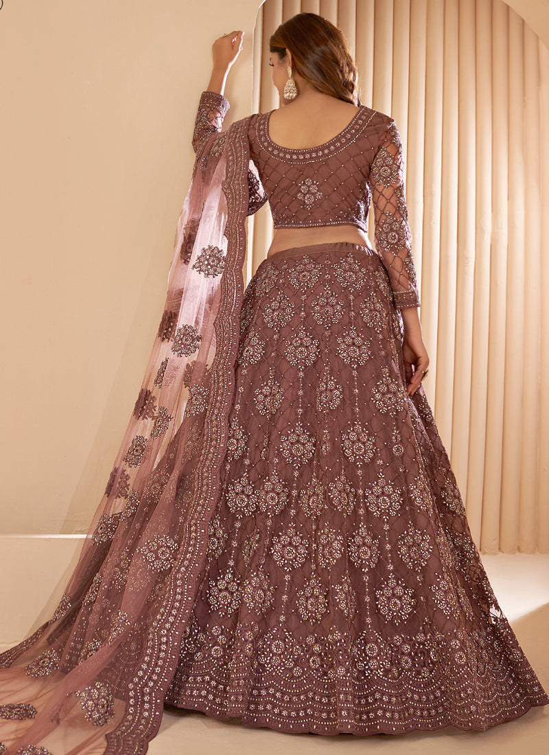Vegaa Fashion Brown Net Embroidery Designer Lehenga Choli - Swadesiicart