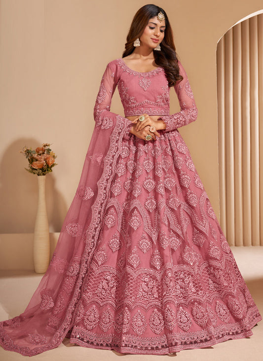 Vegaa Fashion Peach Net Embroidery Designer Lehenga Choli - Swadesiicart