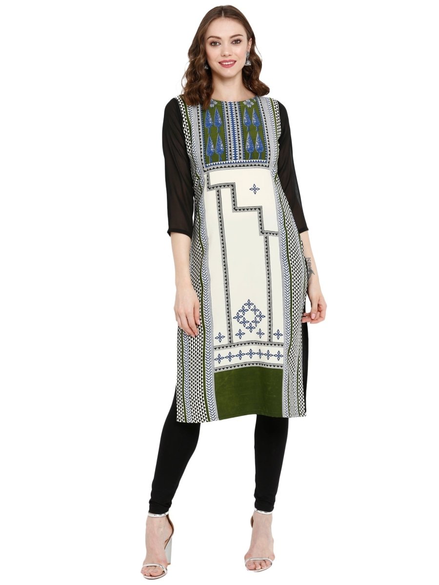 Ahalyaa Women Black & Cream-Coloured Printed Straight KurtI | Swadesiicart