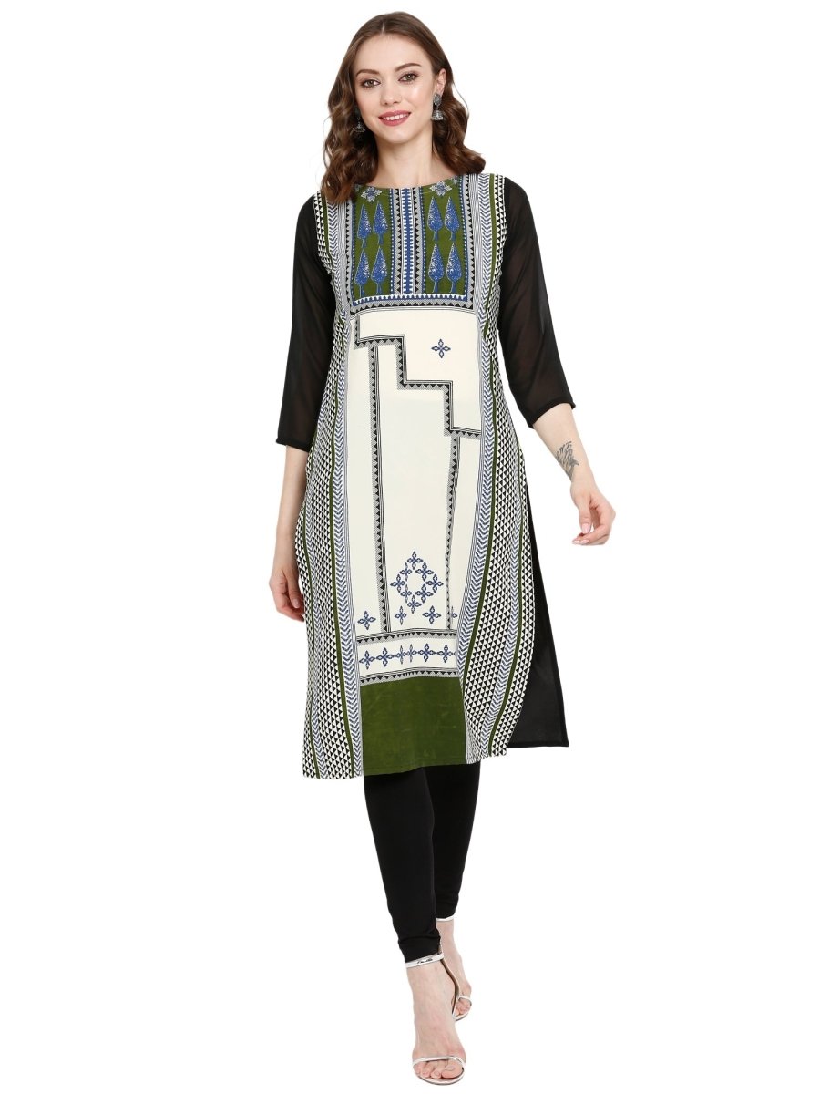 Ahalyaa Women Black & Cream-Coloured Printed Straight KurtI | Swadesiicart