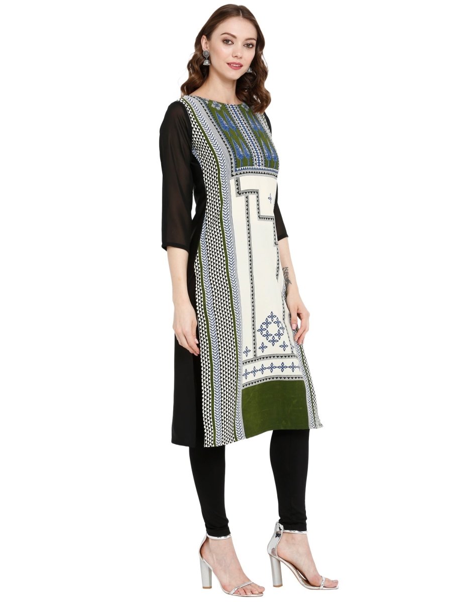 Ahalyaa Women Black & Cream-Coloured Printed Straight KurtI | Swadesiicart