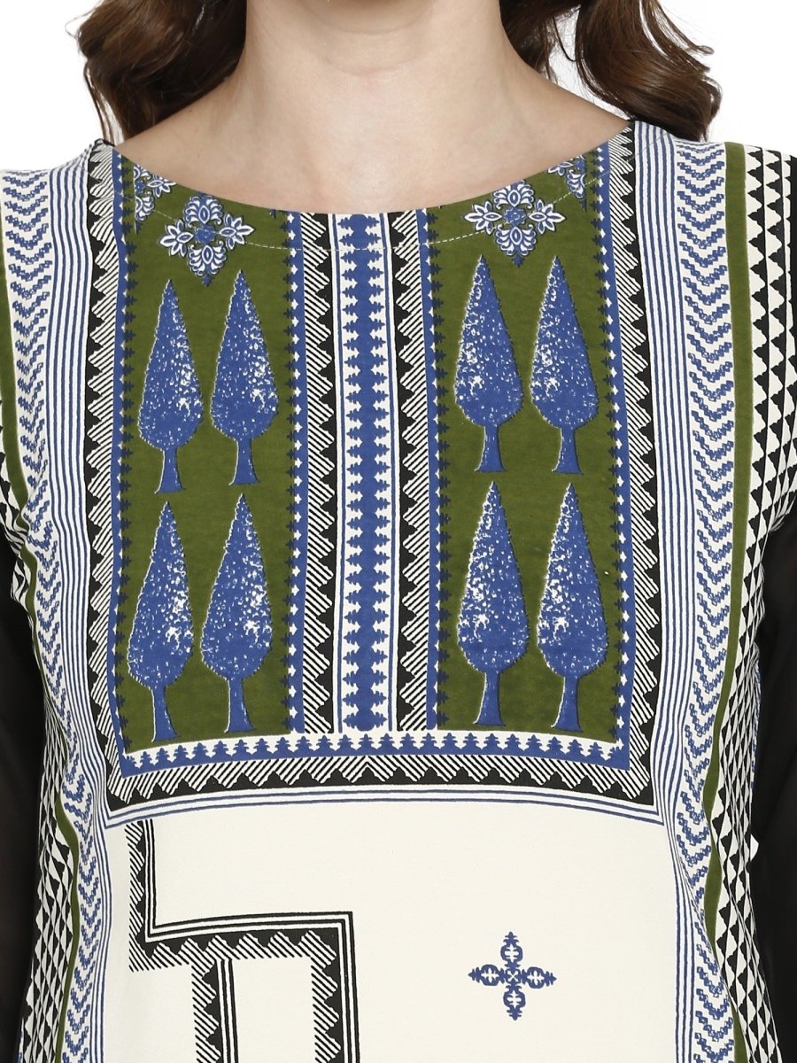 Ahalyaa Women Black & Cream-Coloured Printed Straight KurtI | Swadesiicart