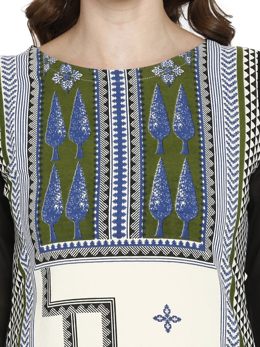 Ahalyaa Women Black & Cream-Coloured Printed Straight KurtI | Swadesiicart