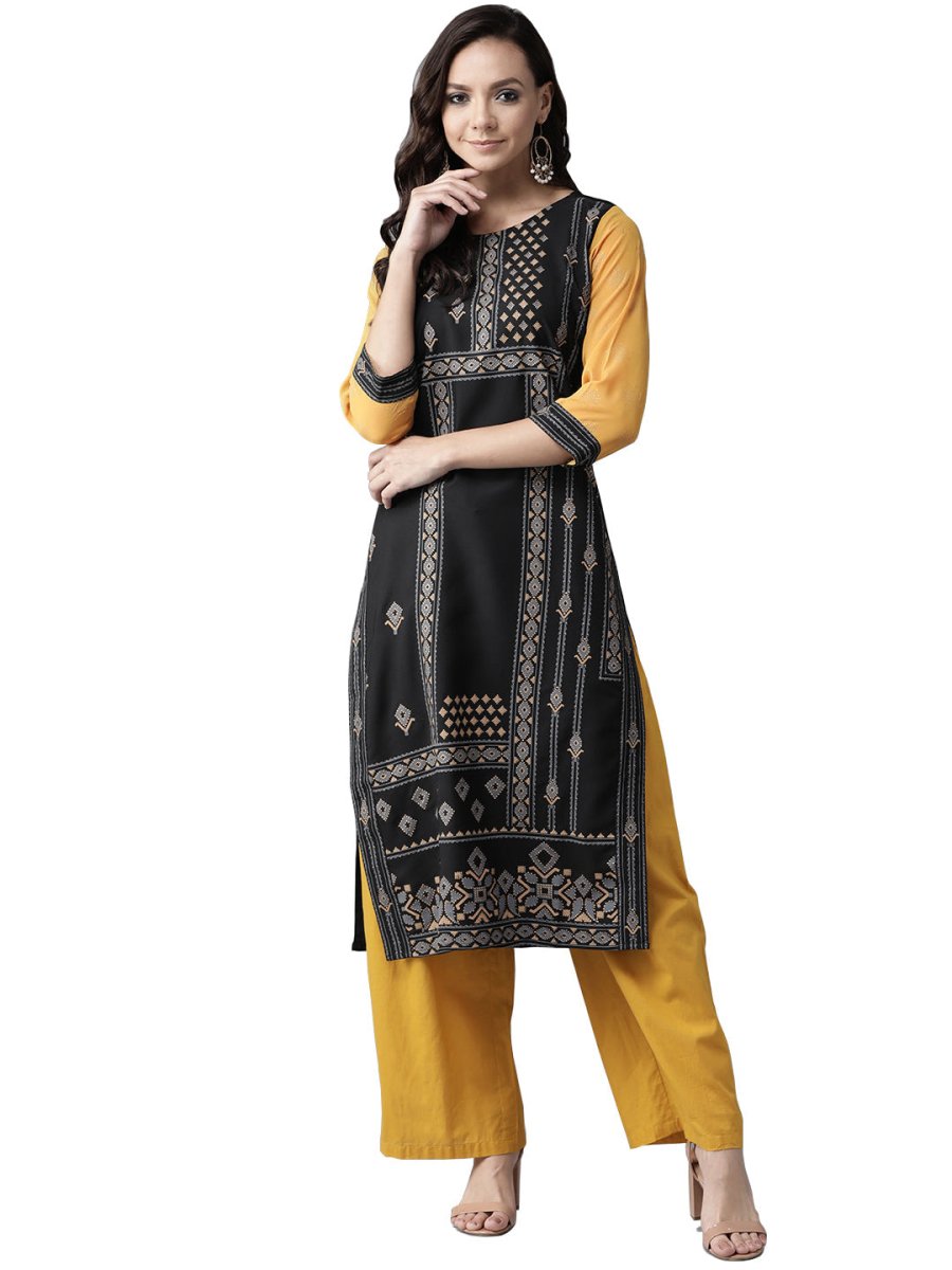 Ahalyaa Black & Grey Screen Print Straight Kurta | Swadesiicart