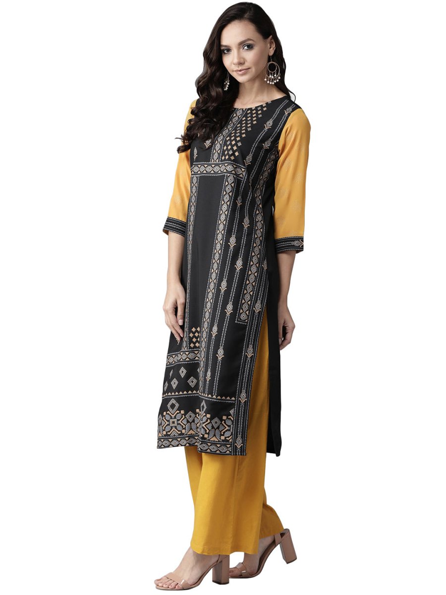 Ahalyaa Black & Grey Screen Print Straight Kurta | Swadesiicart